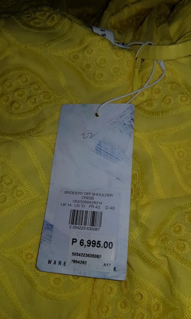 Warehouse broidery off shoulder dress (Category: Dresses) located in Marikina City. Submitted by jensfong (Listing ID 192836077, Image 2). Description: Warehouse Broidery Off Shoulder Dress Color: Yellow Size: 14 Original Price: 6,995.00 Selling Price: 3,999.00.