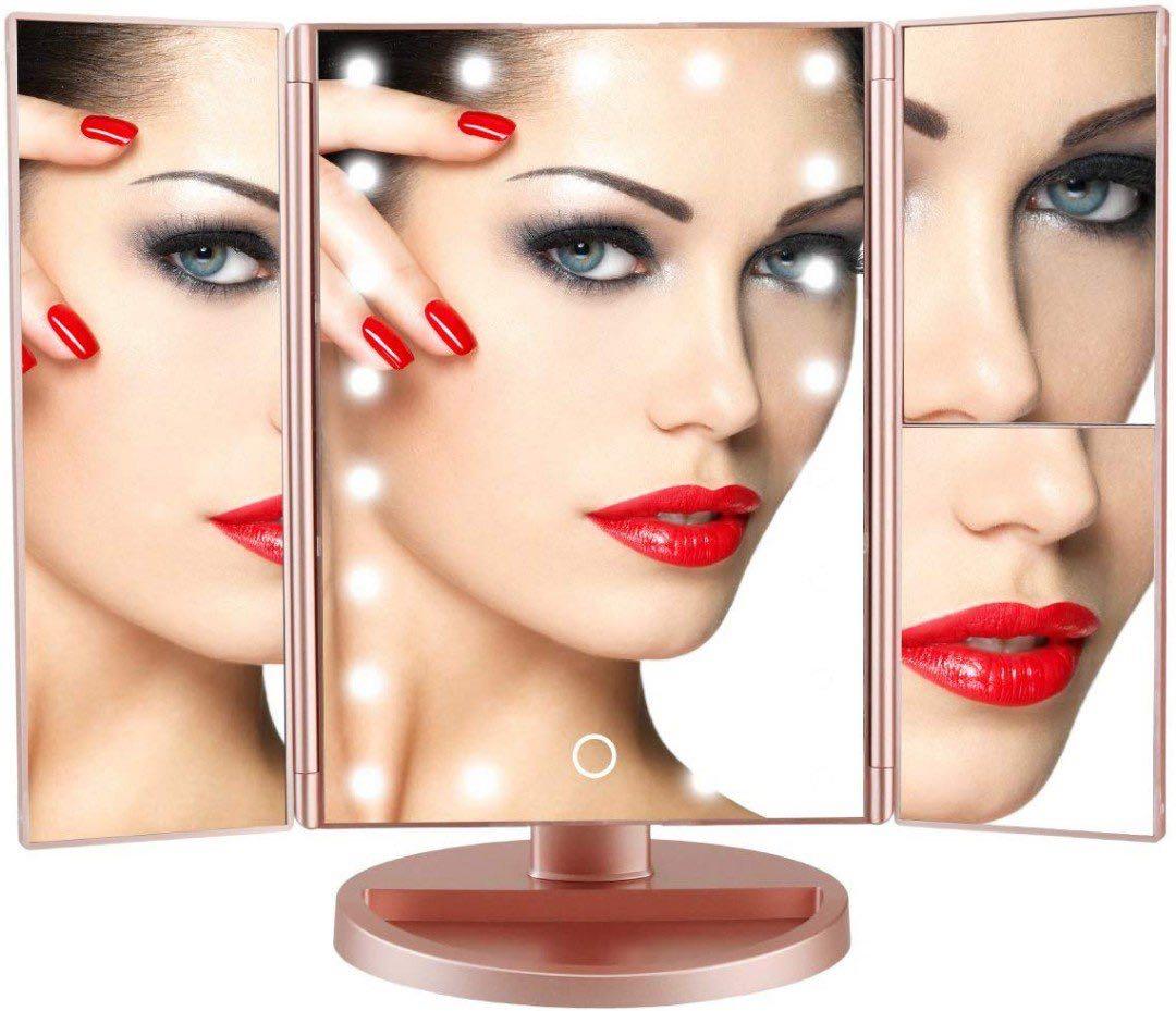 >E390 Richen Deweisn Tri Fold Lighted Vanity Makeup Mirror With 21 Led Lights Touch Screen And 3x 2x 1x Magnification Mirror Two Power Supply Mode Tabletop Makeup Mirror Travel Cosmetic Mirror Rose Gold Electronics Others On