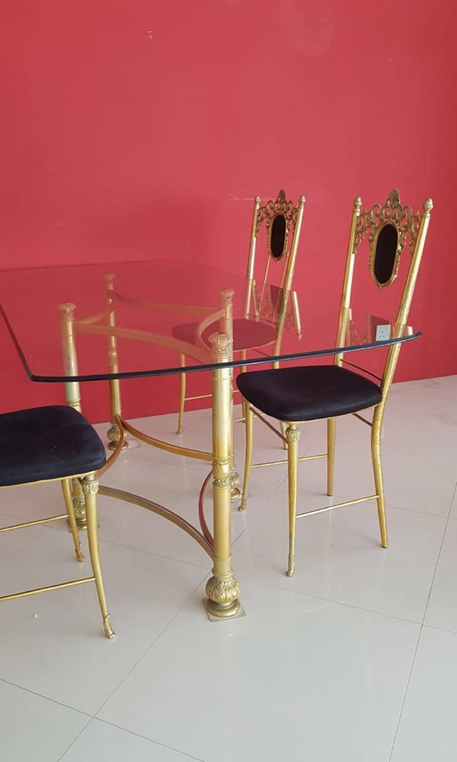 Elegant Gold Glass table with 4 chairs, Furniture & Home Living