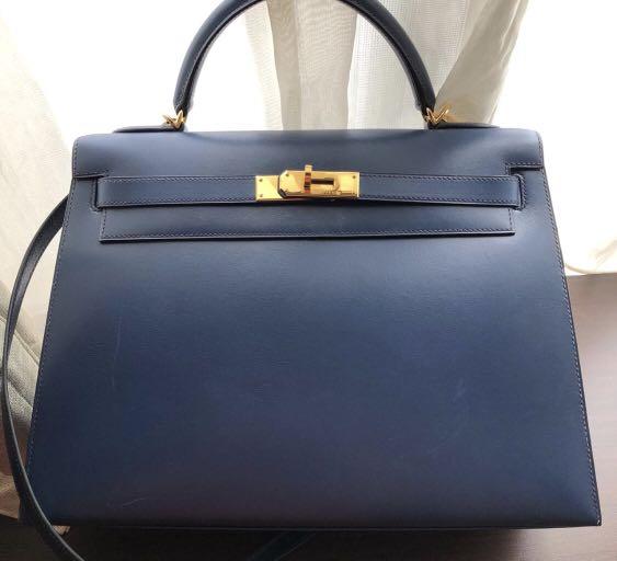 Kelly 32 HERMES leather Navy blue box seams sellier - VALOIS