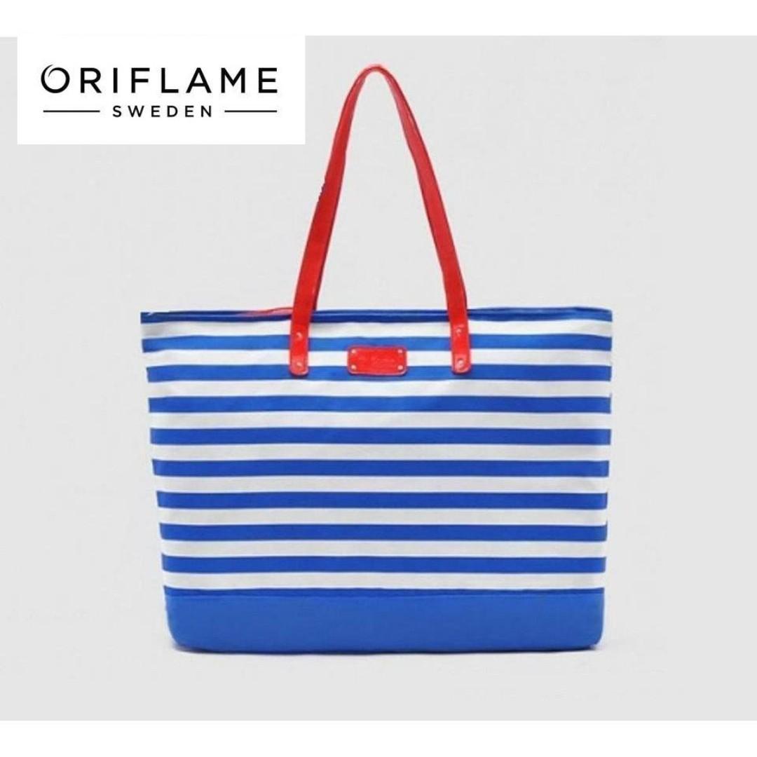 Oriflame Sweden Large Nautical Blue Stripe Beach Tote Bag