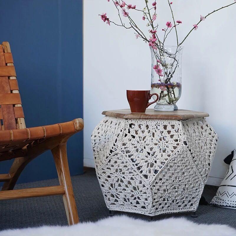 PO Crochet Wooden Side Table, Furniture & Home Living, Kitchenware & Tableware, Table Linen