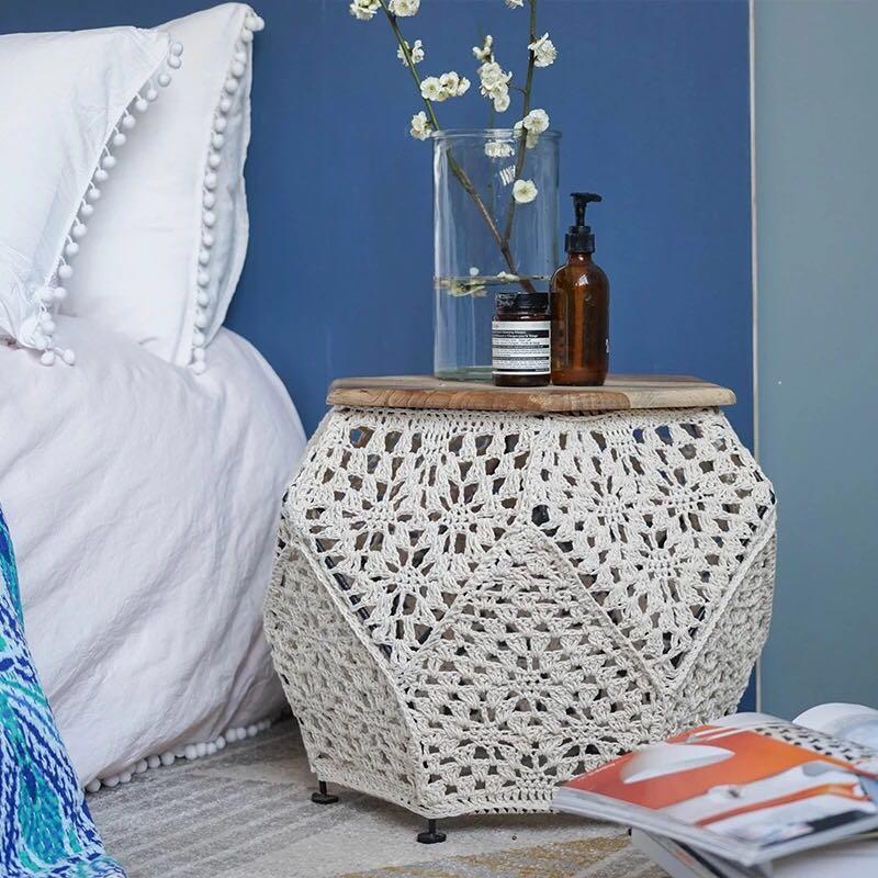 PO Crochet Wooden Side Table, Furniture & Home Living, Kitchenware & Tableware, Table Linen