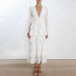 White elegant embroidered eyelet long dress