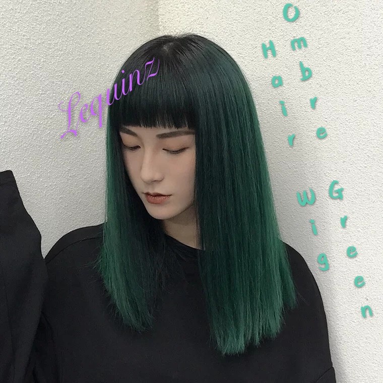 Ombre Black Highlights To Green Full Head Straight Hair Wig