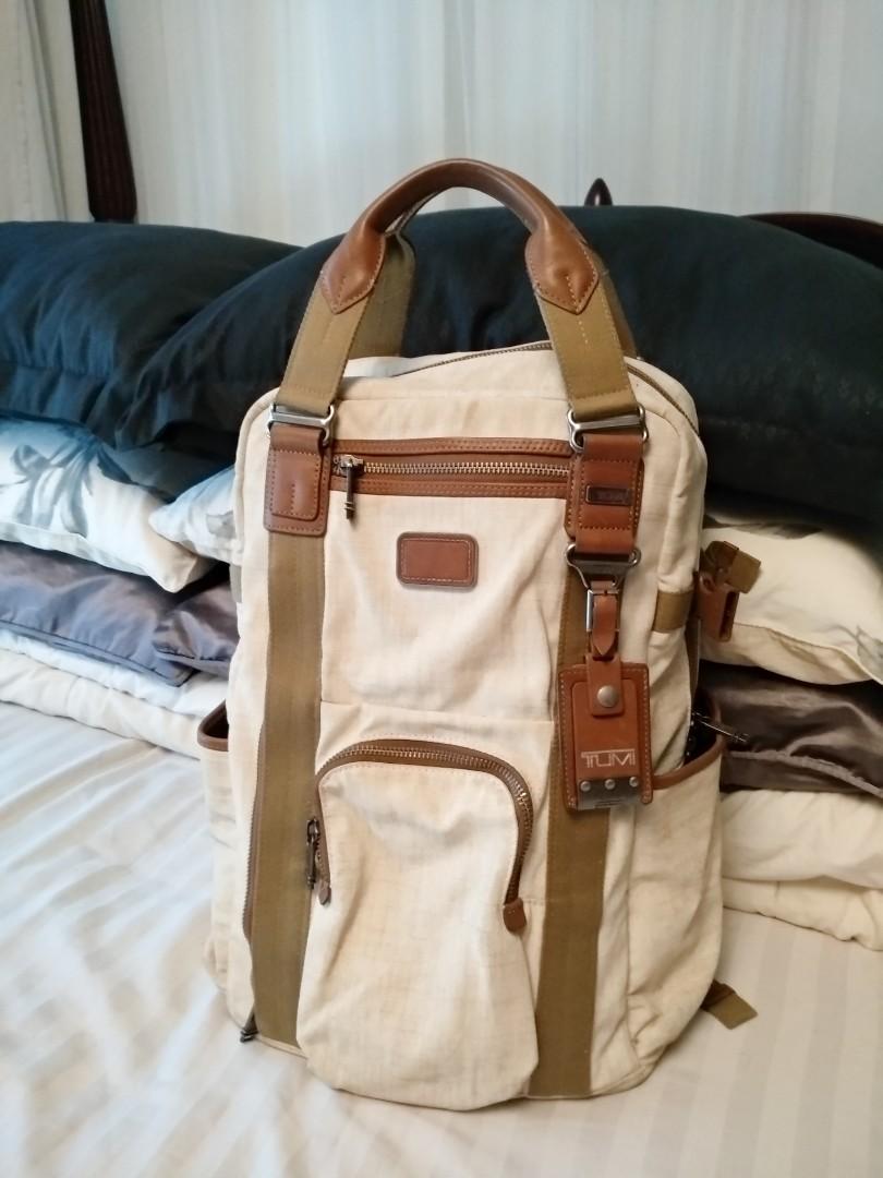 Tumi Leather trimmed canvas backpack Men s Fashion Bags