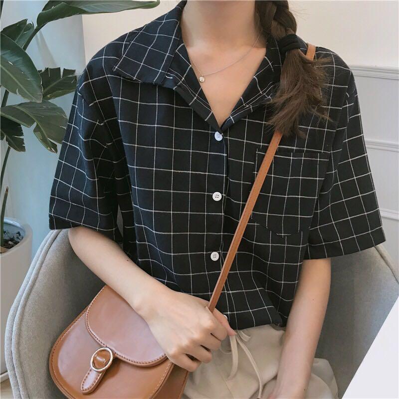 V Neck Cute Blouse Ulzzang Loose Oversize Korean Shirt Top Button