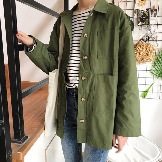 Army Green Parka Denim Jacket Hoodie Hood Outerwear Korean Loose