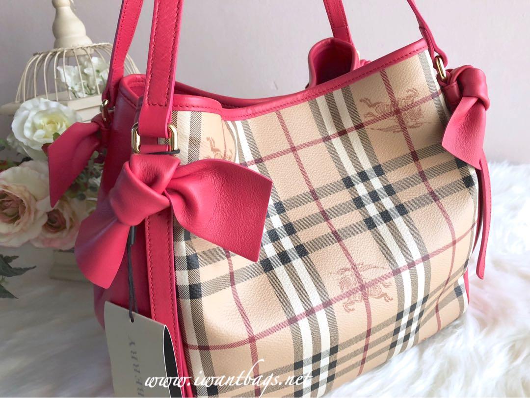 Burberry Haymarket Bows Small Canter Panel Tote Bright Crimson