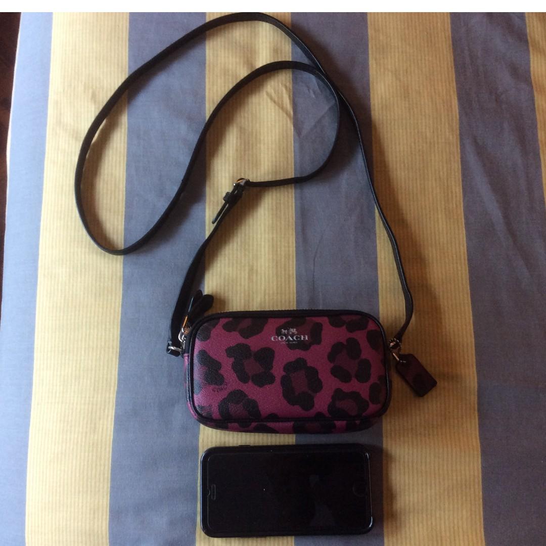 Coach Pink Ocelot Print Mini Double Zip Sling Crossbody Bag Women s Fashion Bags Wallets Cross body Bags on Carousell