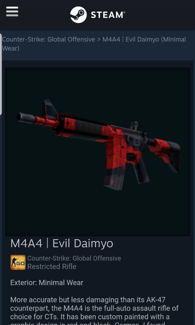 Csgo M4a4 Daimyo Ak 47 Elite Build Awp Worm God Skin Item All Minimal Wear Cs Go Toys Games Video Gaming In Game Products On Carousell