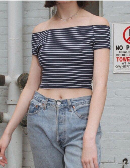 Nwt Brandy Melville Navy Double Striped Ellery Rin Off Shoulder