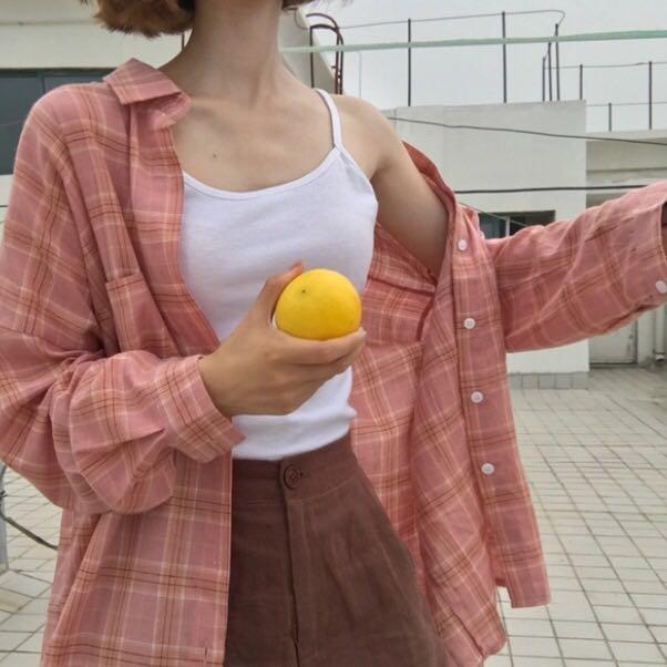 Pink Outerwear Plaid Flannel Shirt Outer Piece Layer Blouse Top