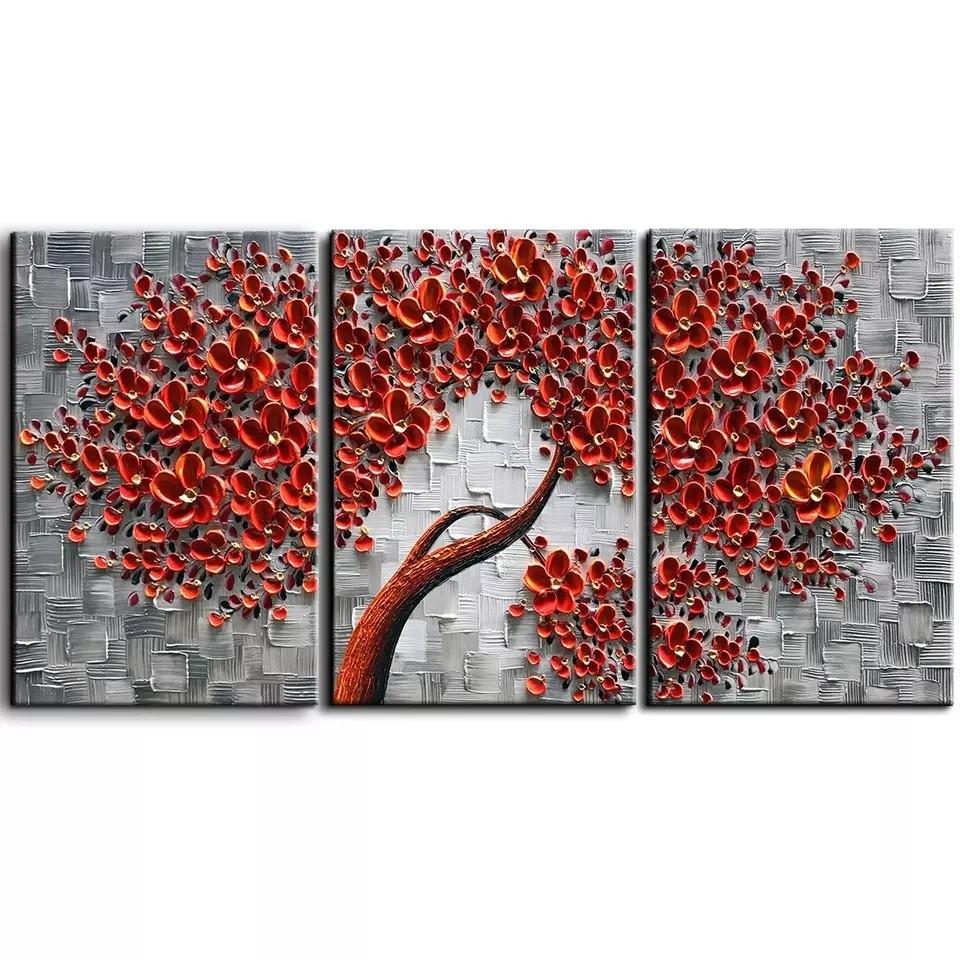 Vermillion Red Blossom Flower Tree Handpainted Oil Painting