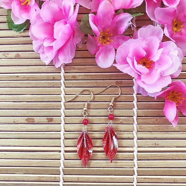Handmade Kimi Origami Oriental Beaded Earrings in Red, Women's