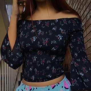 PRICE DROP | navy floral flare sleeve off the shoulder top