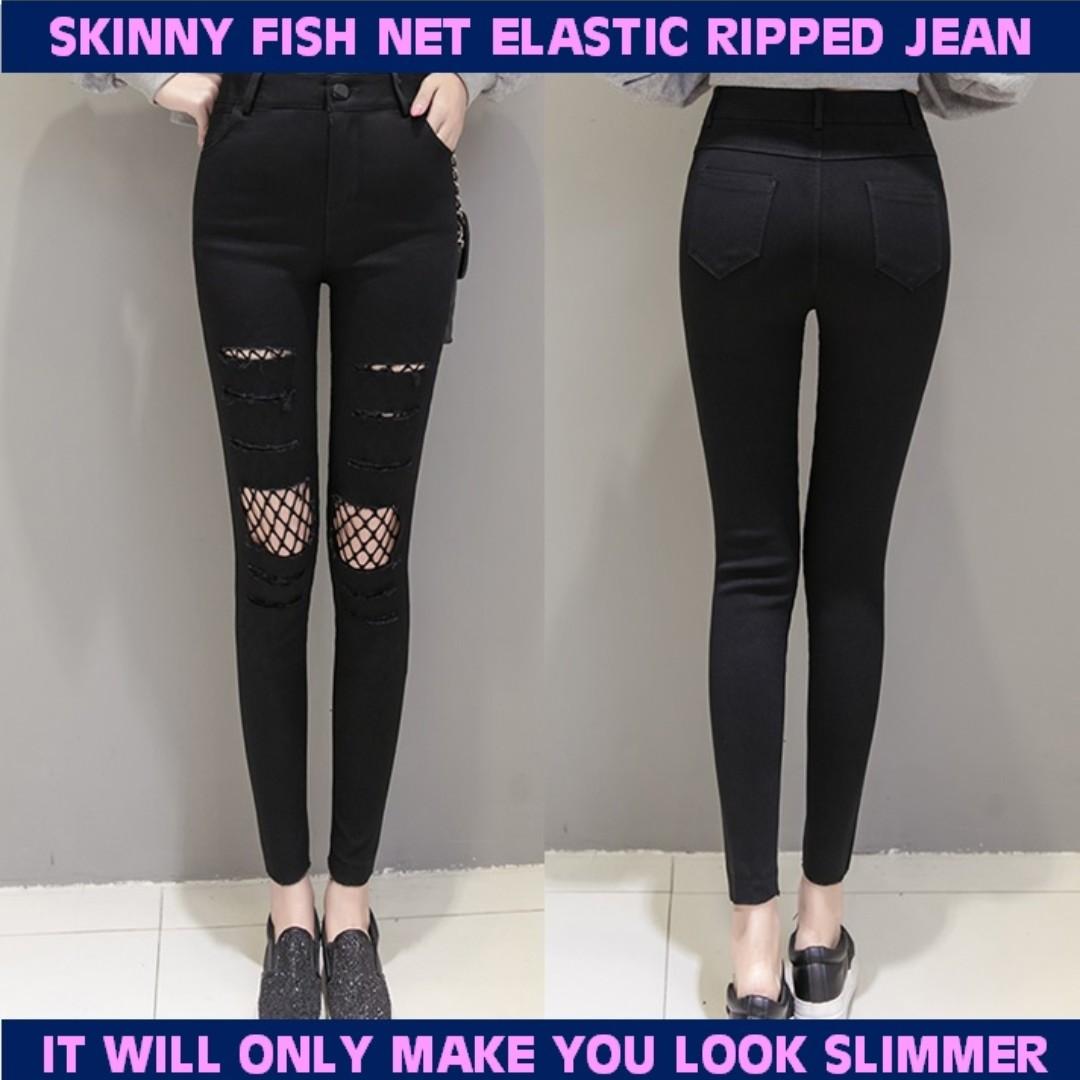 Black Demin Fish Net Elastic Skinny Ripped Jeans Netting Ripped Jeans Look Slim Free Shipping Women S Fashion Clothes Pants Jeans Shorts On Carousell