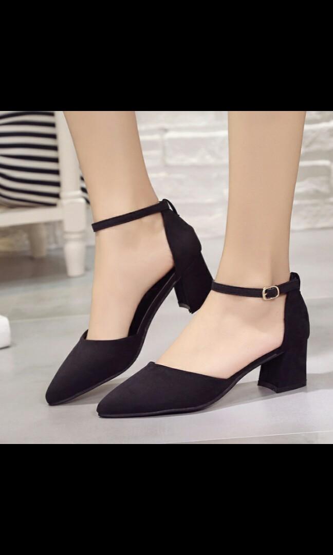 black pointed toe heels with ankle strap