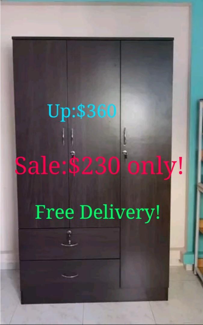 Clearance 3 Door Wardrobe Cherry Colour Bedroom Drawer Furniture