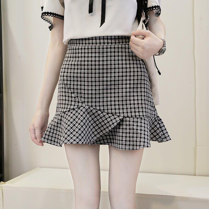 Lattice Checkered Plaid Lotus Leaf Korean Style Mermaid Skirt