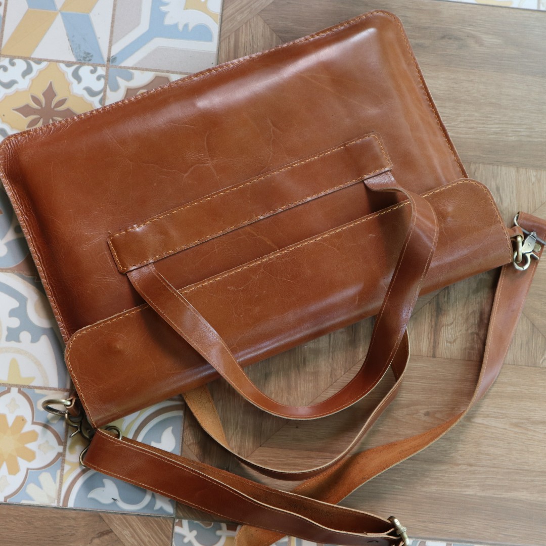 Tas Laptop Sleeve Sarung Kulit Sapi Pull Up Warna Coklat Havana