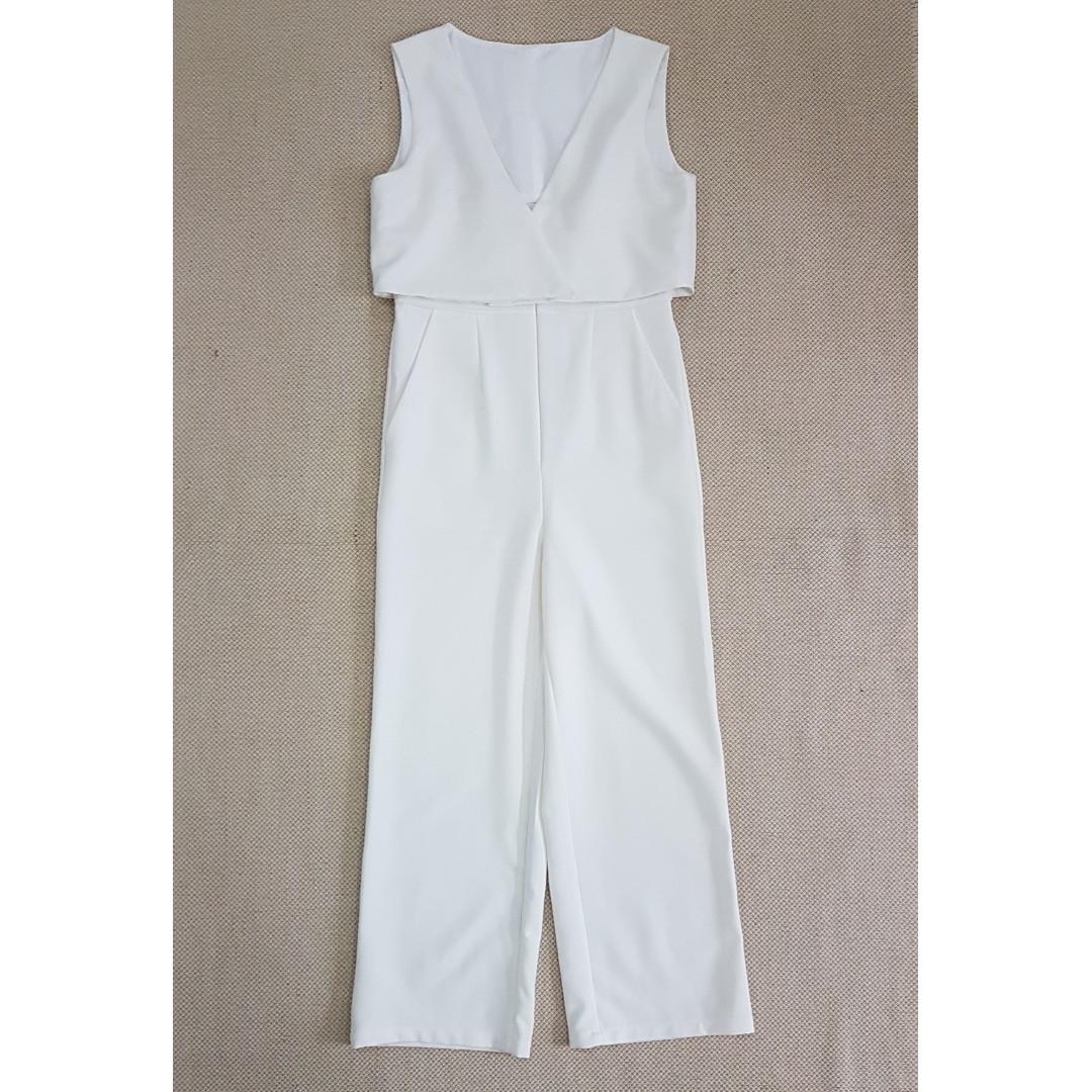 white v neck jumpsuit