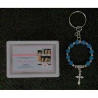 Ring Rosary Keychain in Acrylic box with print Souvenirs wedding baptismal