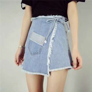 不規則綁帶開叉牛仔短裙褲64234667479042110