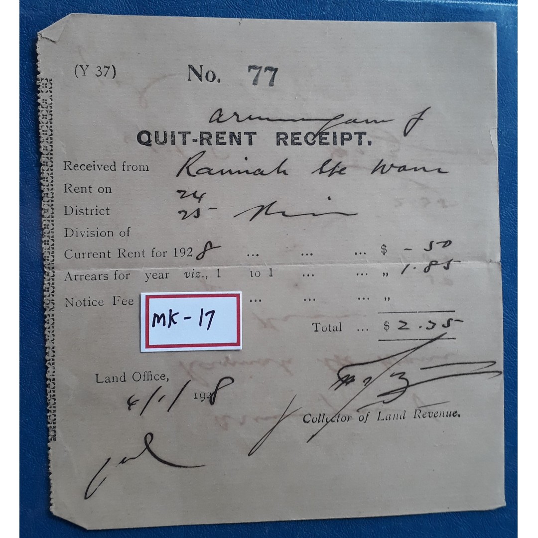 Malaya 1928 Quit Rent Receipt Mk17 Vintage Collectibles Vintage Collectibles On Carousell