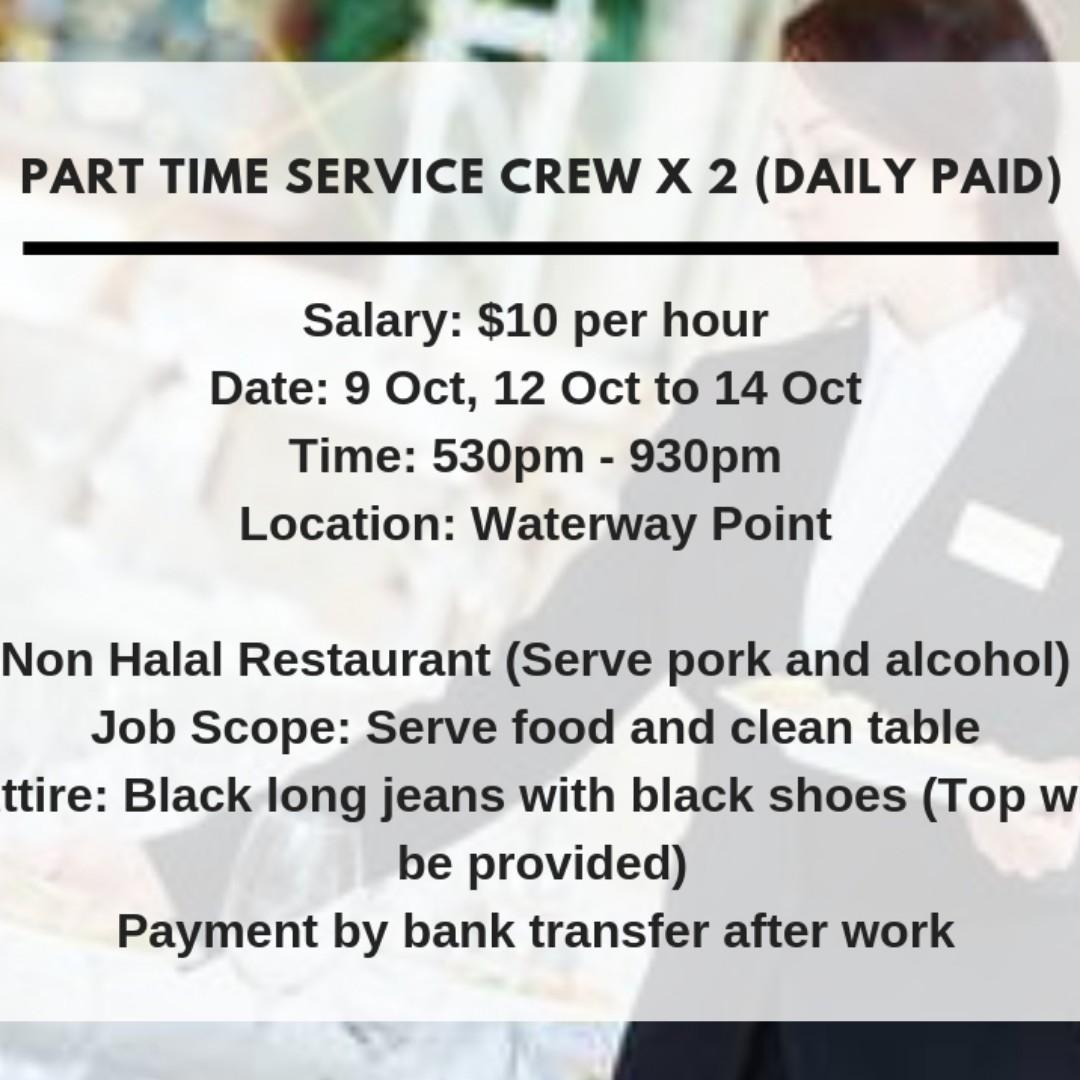 Part Time Service Crew X 2 Daily Paid Jobs Hospitality F B On Carousell