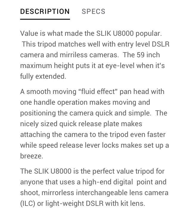 SLIK Tripod U8000, Photography, Photography Accessories, Tripods