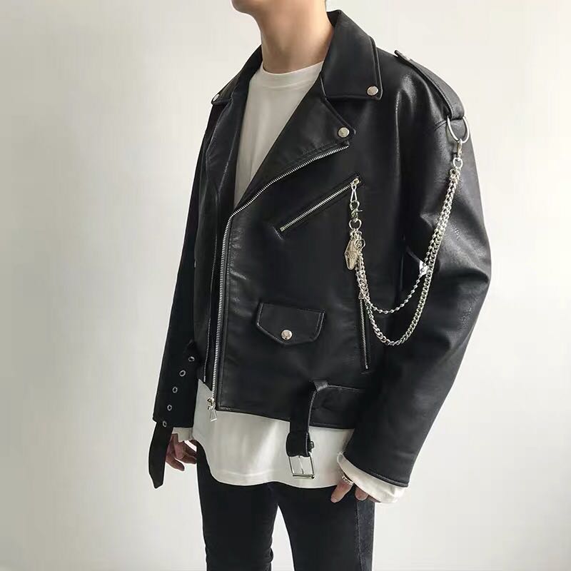 Ulzzang biker leather jacket *with detachable chains*, Men's Fashion ...