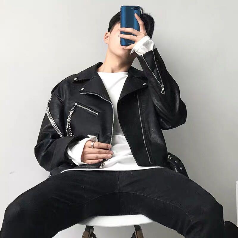  Ulzzang  biker leather jacket  with detachable chains Men 