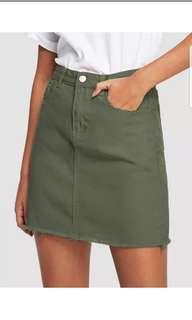 Raw hem denim skirt dark green camo colour