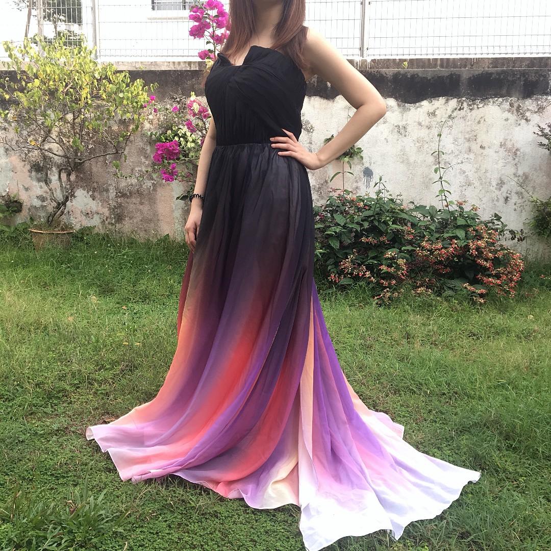elie saab ombre purple dress Elie Saab Strapless Ombr Silk-Blend Chiffon And Velvet Gown - Purple