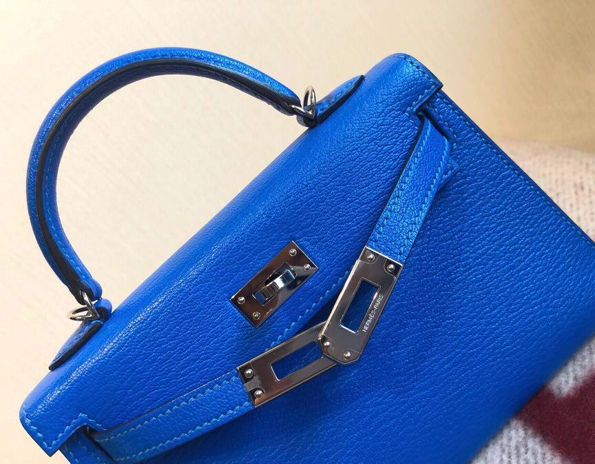 Hermes Kelly 20 Mini Sellier Bag Blue Hydra Chevre Leather Gold Hardware