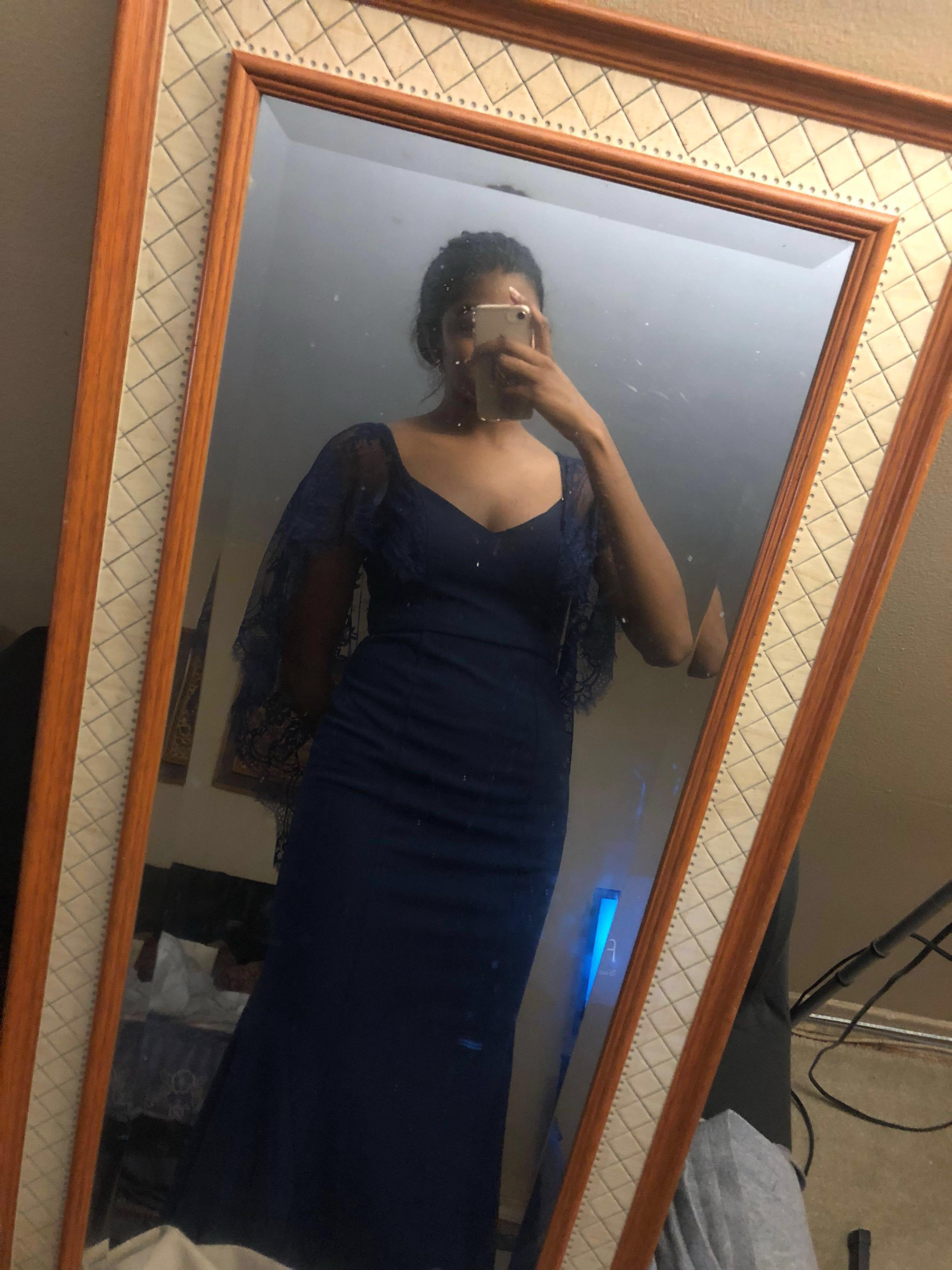 Lulu s Navy Blue Lace Shawl Cape Open Back Mermaid Floor Length