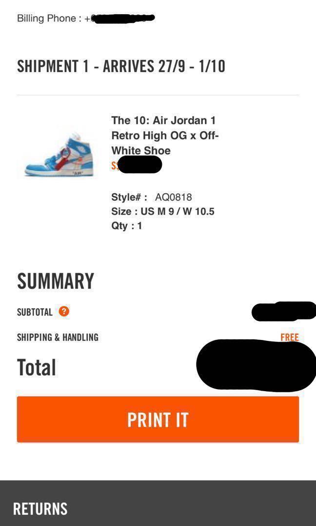 US 9 Air Jordan 1 Off White UNC