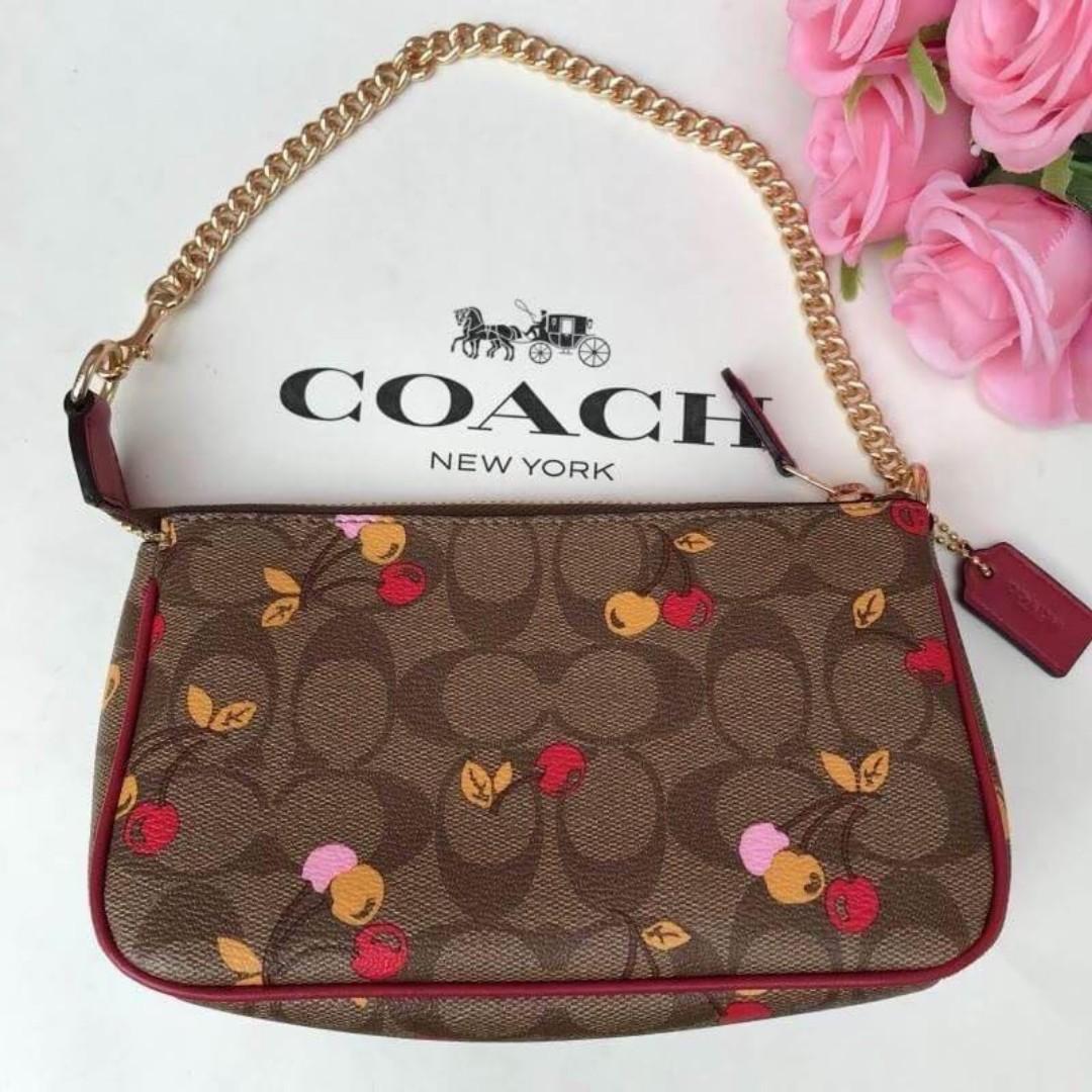 Authentic Coach Large Wristlet 19 In Signature Canvas with Cherry Print F31898 Khaki, Women's