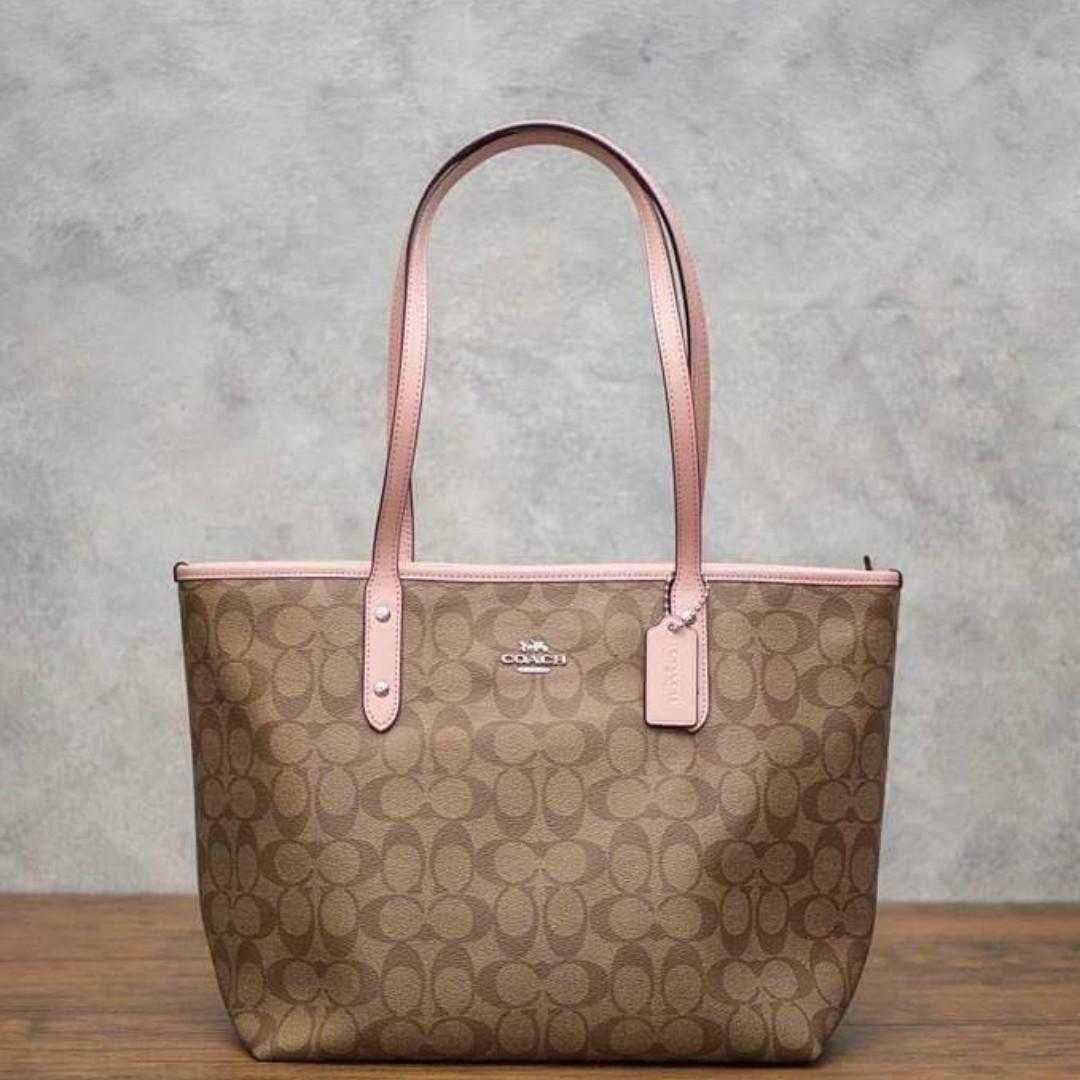 Coach Reversible City Tote Signature Light Khaki/ Light Pink F36658