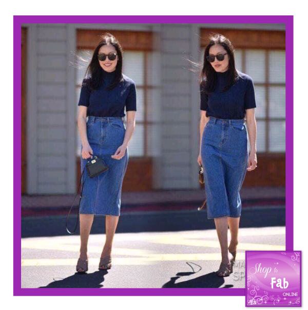 black top and denim skirt