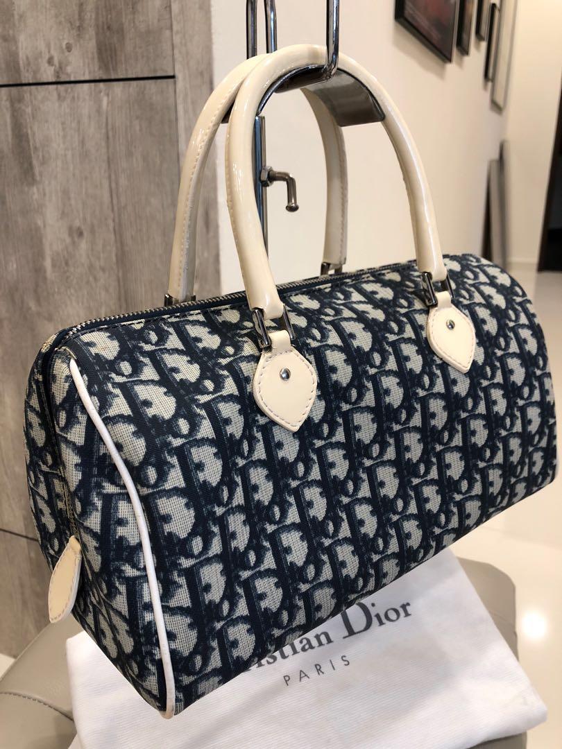 Christian Dior Trotter Logo Mini Boston Handbag Light Blue White