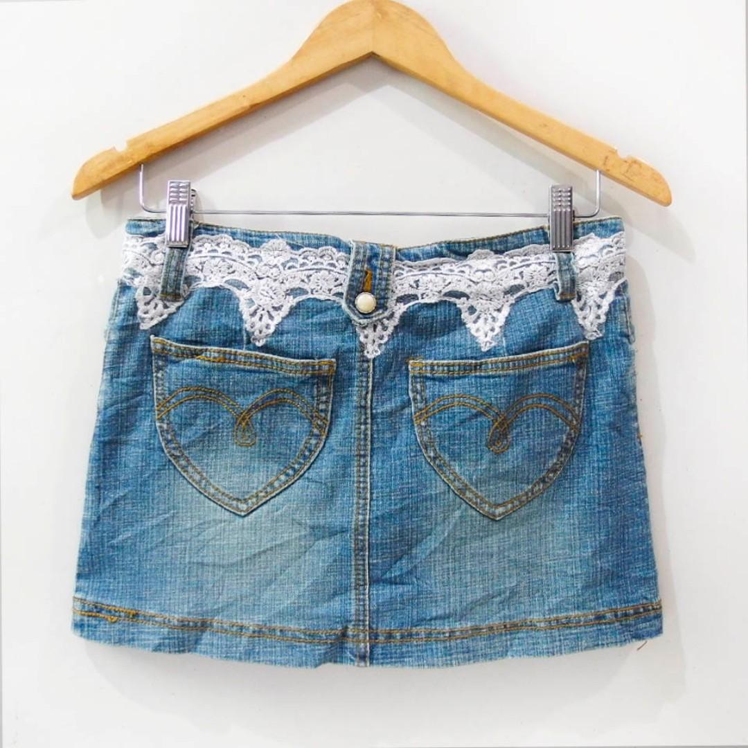 CQ289 SIZE M ROK MINI SEPAN JEANS MIX BROKAT FASHION WANITA SECOND IM