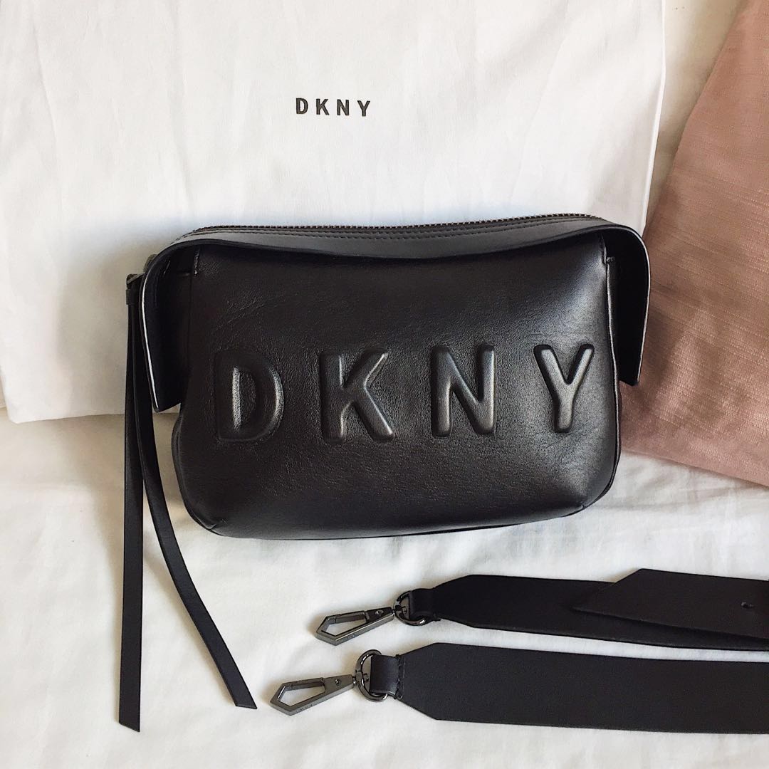 dkny black embossed logo cross body bag