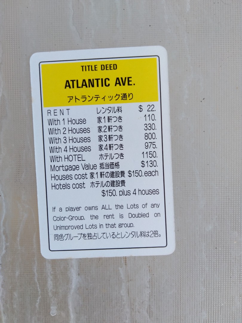 Monopoly deed atlantic ave., Hobbies & Toys, Toys & Games on Carousell