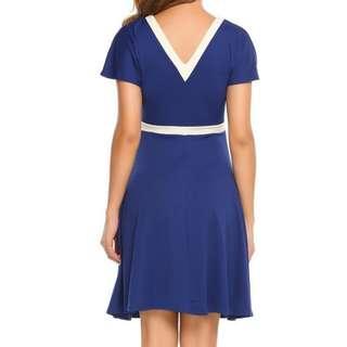👗 Vintage elegant dress with V neck front and back, beautiful marine blue