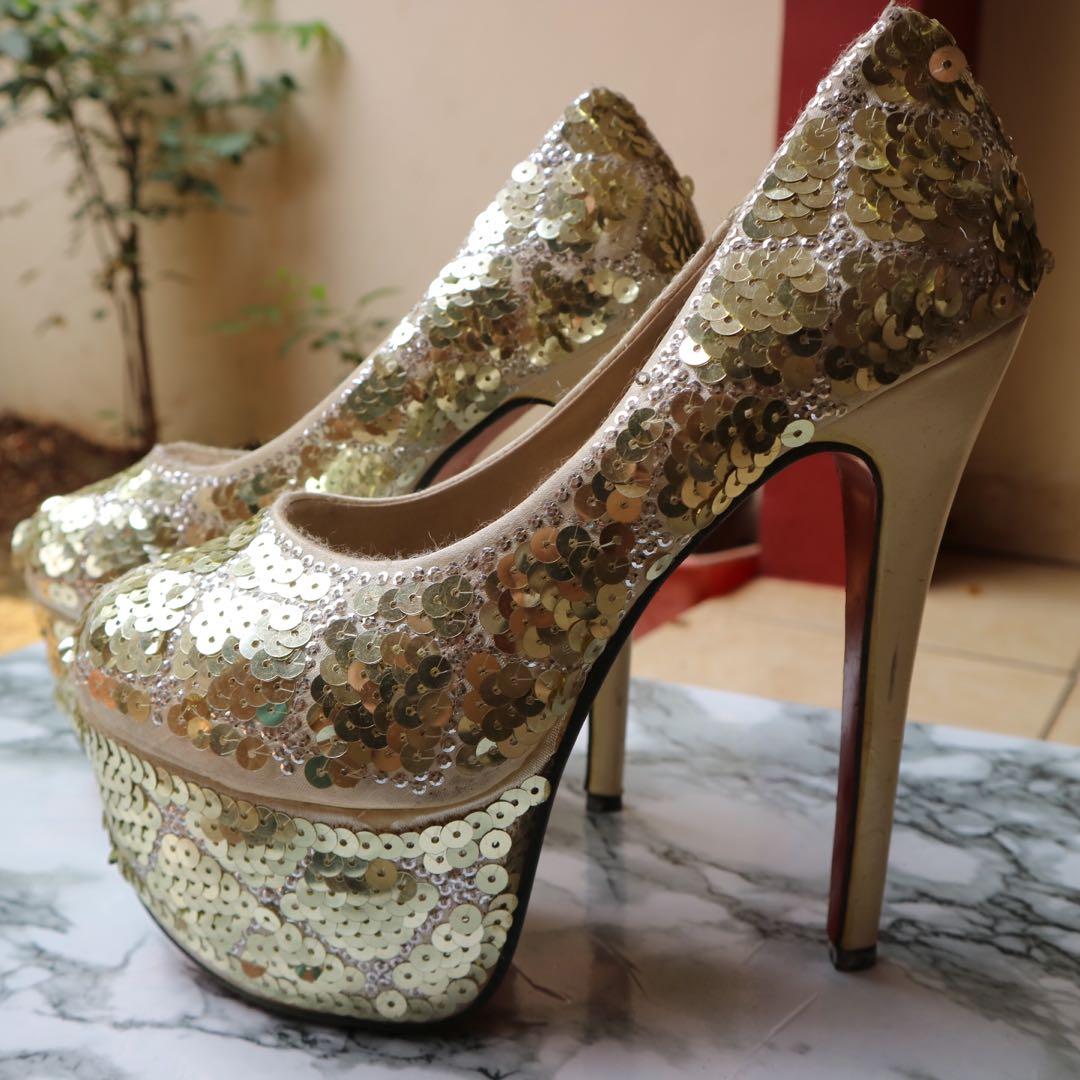 High Heels Payet Gold Wanita Tinggi 20cm Fesyen Wanita Sepatu Di Carousell