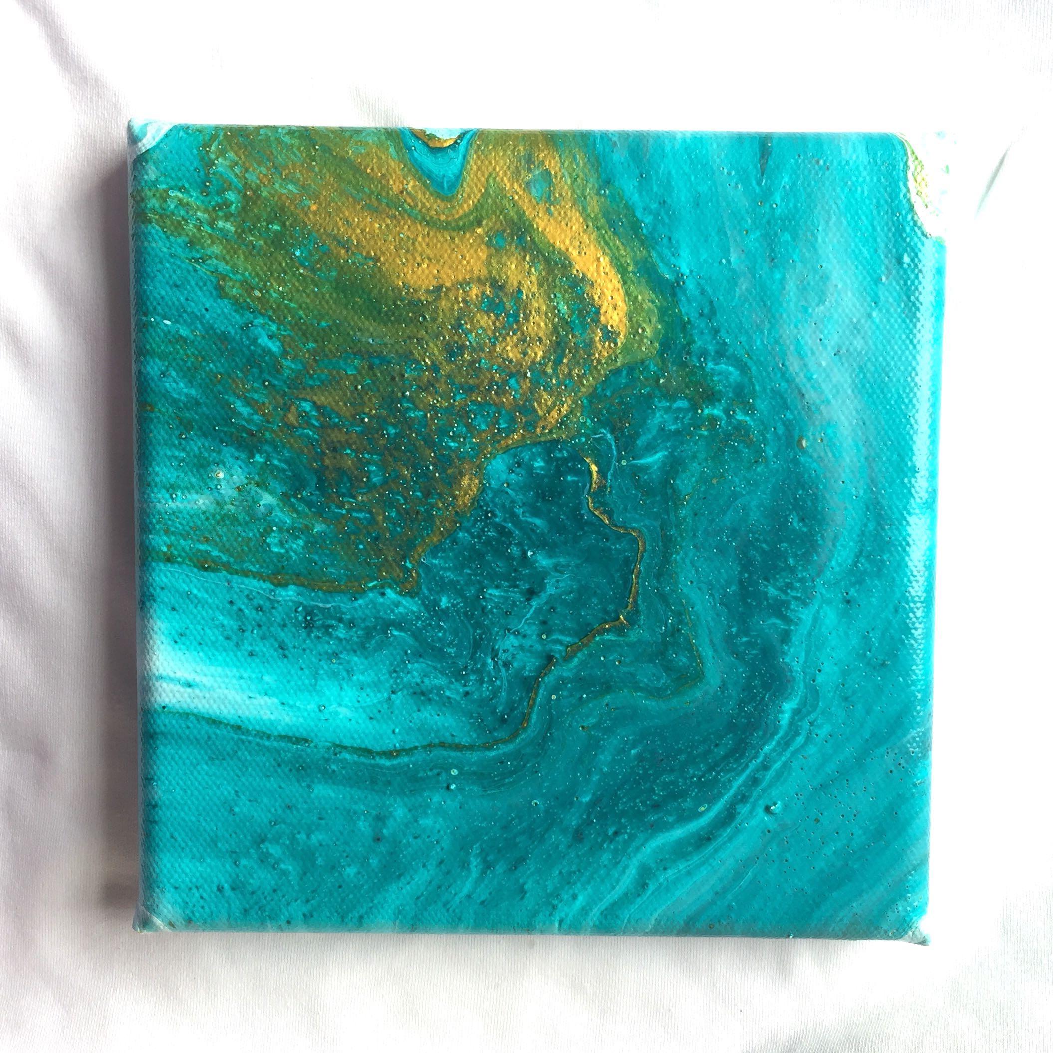 Turquoise White Gold Geode Inspired Acrylic Pour Art Piece