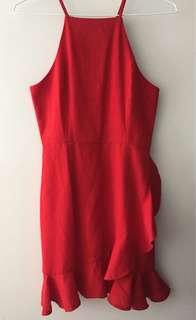 RED FRILL STRAIGHT NECK DRESS