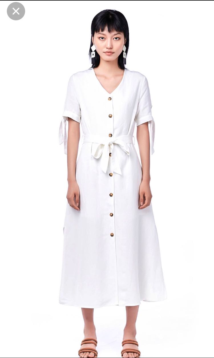 white button down linen dress